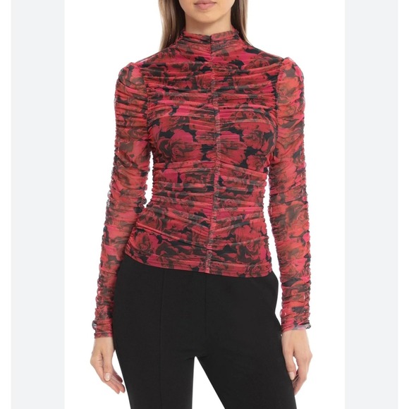 Bagatelle Collection Rose Print Mesh Ruched Mock Neck Long Sleeve Blouse Large - Picture 1 of 11